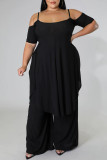 Black Casual Solid Patchwork Asymmetrical Spaghetti Strap Plus Size Two Pieces