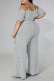 Grey Casual Solid Split Joint Asymmetrical Spaghetti Strap Plus Size Two Pieces