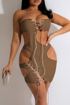 Abrikoos sexy effen bandage uitgeholde patchwork strapless jurken