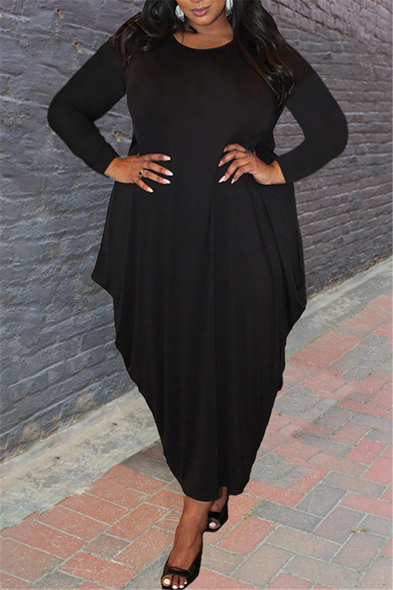 

Black Fashion Casual Solid Split Joint Basic O Neck Long Sleeve Plus Size Dresses