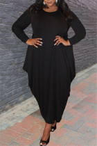 ブラック ファッション カジュアル ソリッド パッチワーク ベーシック Oネック ロングスリーブ プラスサイズ ドレス
