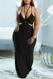 Schwarze Mode Sexy Plus Size Solide Ausgehöhltes Rückenfreies Spaghettiträger Langes Kleid
