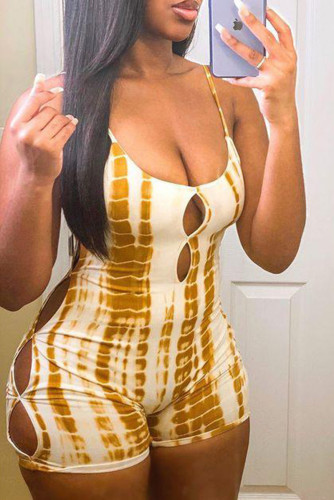 Gold Sexy Casual Print Hollowed Out Backless Spaghetti Strap Skinny Romper