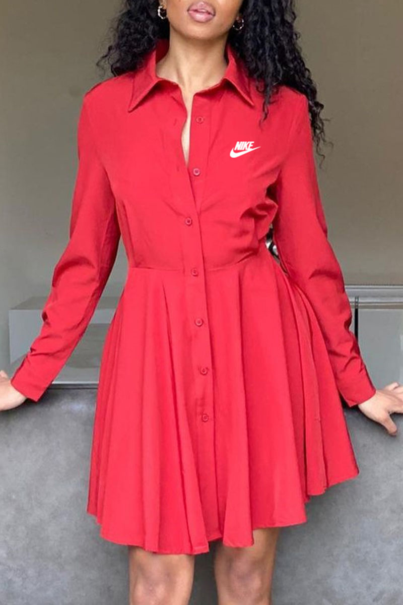 

Red Fashion Casual Print Letter Turndown Collar A Line Dresses