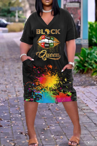 Black Gold Fashion Casual Print Basic V Neck Short Sleeve Dress