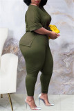 Verde Exército Moda Casual Sólida Com Decote V Plus Size Duas Peças