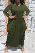 Армейский зеленый модный повседневный однотонный пэчворк базовый с круглым вырезом с длинным рукавом платья больших размеров