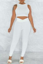 Colete branco moda casual sportswear calças sólidas gola oco sem mangas duas peças