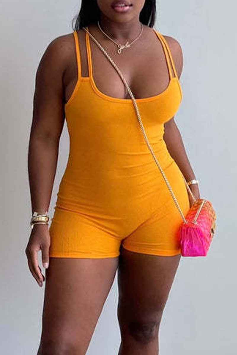 

Yellow Sexy Solid Split Joint Spaghetti Strap Skinny Jumpsuits