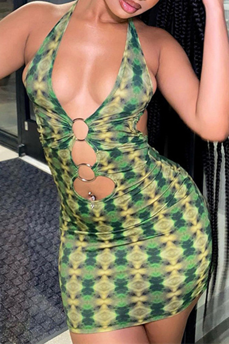 

Green Fashion Sexy Print Hollowed Out Backless Halter Sleeveless Dress