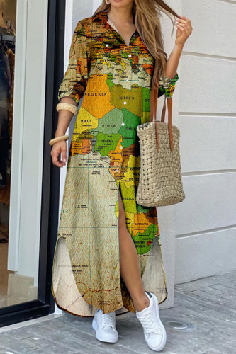 Green Casual Print Patchwork Buckle Turndown Collar Shirt Dress Dresses