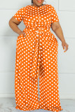 Koffie Mode Casual Dot Print Bandage O Neck Plus Size Two Pieces