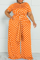 Orange Fashion Casual Dot Print Bandage O Neck Plus Size Two Pieces