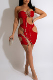 Red Sexy Solid Bandage Hollowed Out Patchwork Strapless Dresses