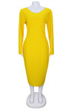 Желтые модные повседневные однотонные базовые платья больших размеров с V-образным вырезом и длинным рукавом