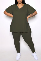 Армейский зеленый модный повседневный сплошной разрез с V-образным вырезом плюс размер из двух частей
