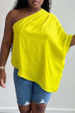 T-shirts jaunes décontractés à col oblique asymétrique en patchwork uni