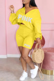 Yellow Fashion Casual Letter Print Basic V Neck Long Sleeve Two Pieces