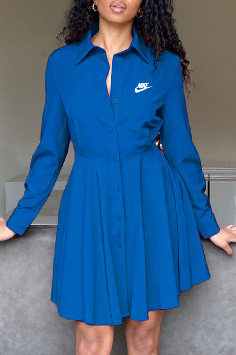 

Blue Fashion Casual Print Letter Turndown Collar A Line Dresses