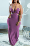 Black Fashion Sexy Plus Size Solid Hollowed Out Backless Spaghetti Strap Long Dress