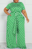 Groene Mode Casual Dot Print Bandage O Neck Plus Size Two Pieces