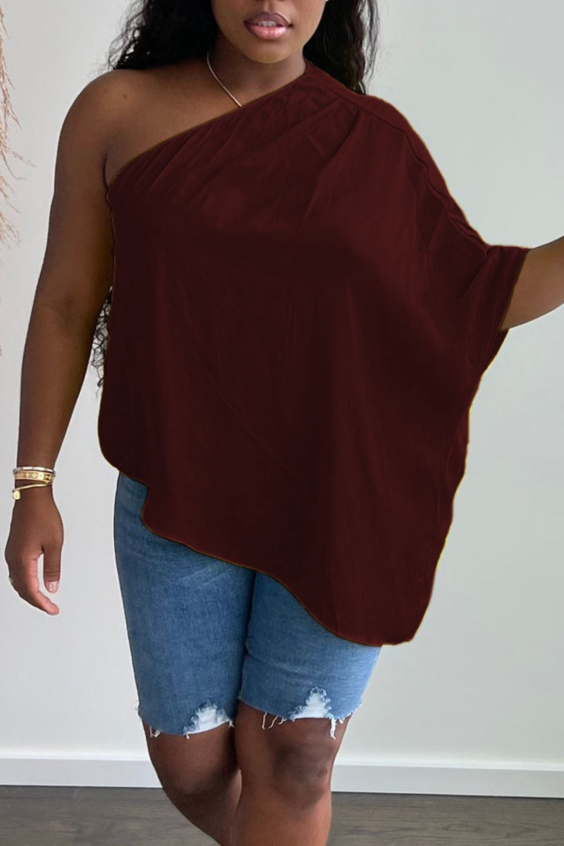 

Burgundy Casual Solid Split Joint Asymmetrical Oblique Collar T-Shirts
