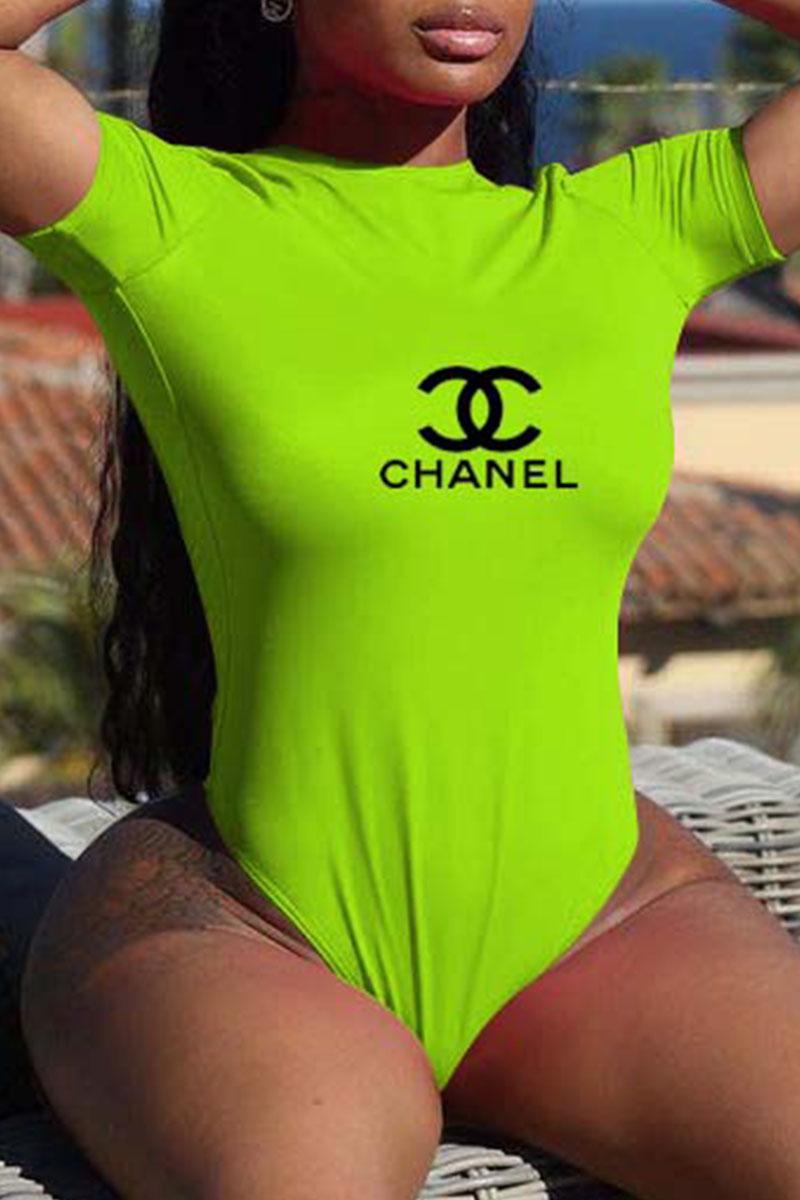 

Fluorescent Green Fashion Sexy Print Backless Swimwears