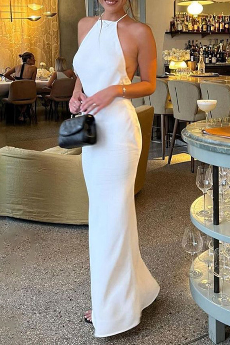 

White Sexy Solid Backless Halter Pencil Skirt Dresses