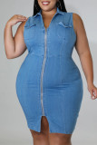 Голубое модное повседневное джинсовое платье больших размеров в стиле пэчворк с отложным воротником