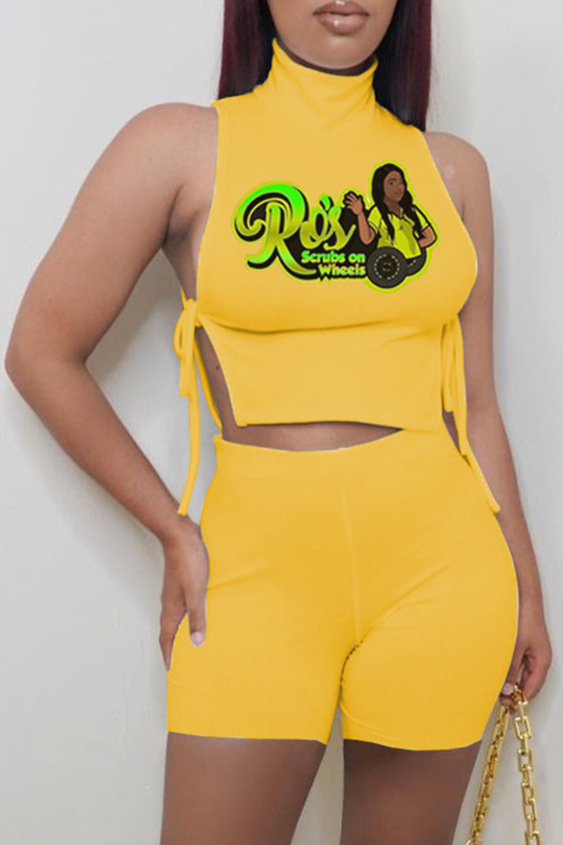 

Yellow Sexy Print Draw String Turtleneck Sleeveless Two Pieces
