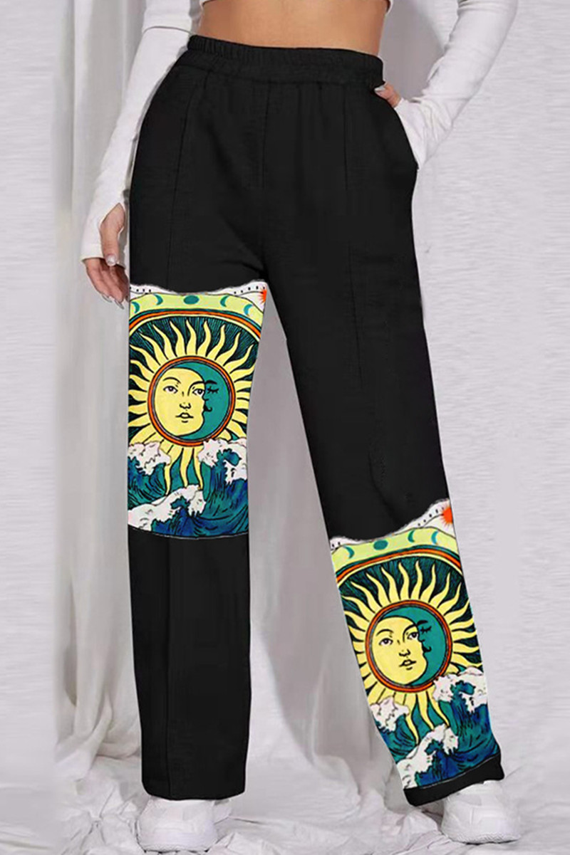 

Black Fashion Casual Print Basic Regular High Waist Trousers