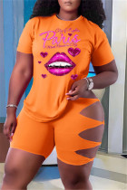 Orange Fashion Casual Letter Lips Printed Ripped O Neck Plus Size Two Pieces