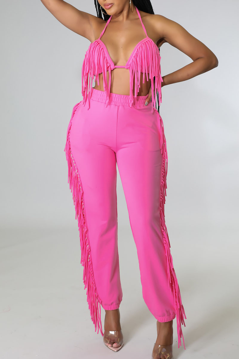 

Pink Sexy Solid Tassel Split Joint Halter Sleeveless Two Pieces