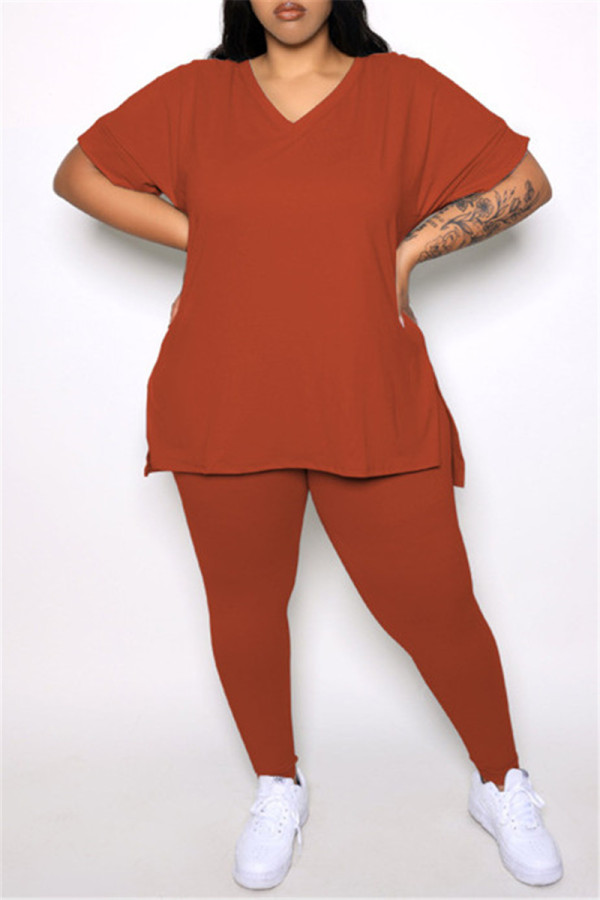 Orange Fashion Casual Solid Slit V-Ausschnitt Plus Size Two Pieces