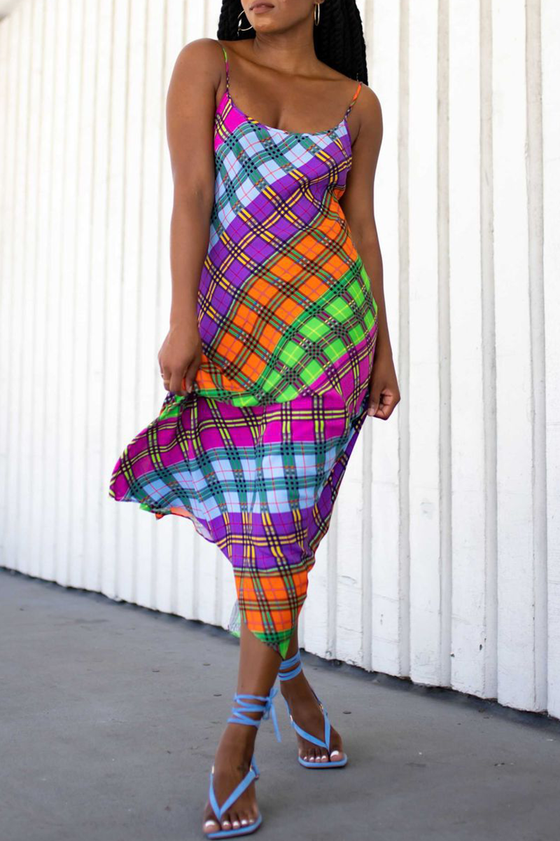 

Colour Sexy Plaid Split Joint Spaghetti Strap Pencil Skirt Dresses