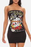 Black Sexy Print Patchwork Strapless Sleeveless Two Pieces