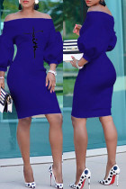 Diepblauwe mode casual print basic off-shoulder jurken met lange mouwen