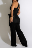Black Sexy Solid Hollowed Out One Shoulder Straight Jumpsuits