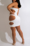 Apricot Sexy Solid Bandage Hollowed Out Patchwork Strapless Dresses