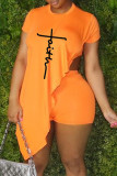 オレンジホワイトファッションカジュアルプリントアシンメトリーOネック半袖ツーピース
