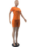 Black Orange Fashion Casual Print Basic O Neck Short Sleeve Two Pieces