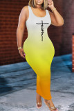 オレンジファッションカジュアル段階的変更プリントベーシックUネックベストドレス
