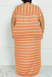 Robe mode décontractée grande taille imprimé rayé basique col rond manches courtes orange