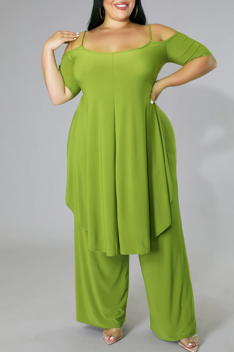 

Green Casual Solid Split Joint Asymmetrical Spaghetti Strap Plus Size Two Pieces