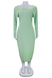 Fruit Green Fashion Casual Solid Basic V Neck Long Sleeve Plus Size Dresses