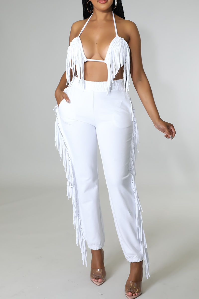 

White Sexy Solid Tassel Split Joint Halter Sleeveless Two Pieces