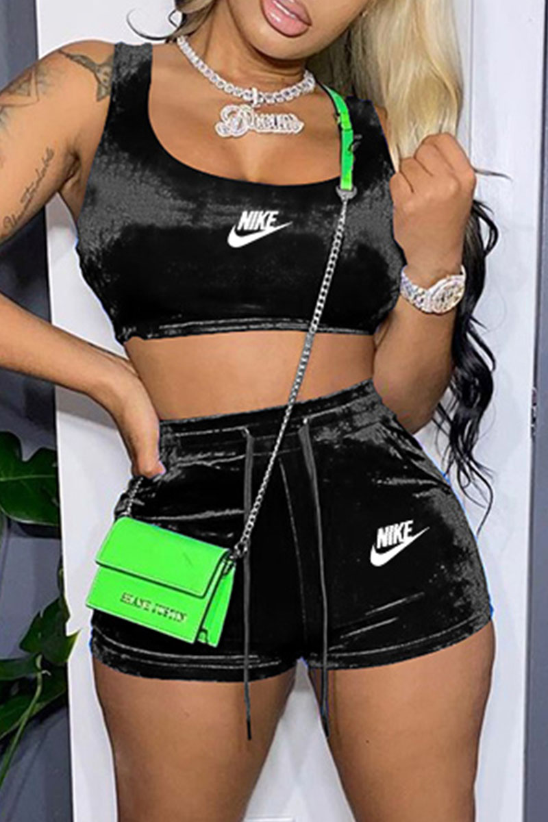 

Black Fashion Sportswear Print Letter U Neck Sleeveless Two Pieces