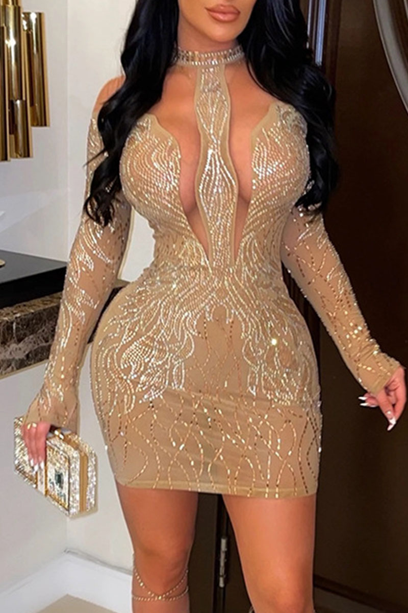

Apricot Sexy Solid Split Joint See-through Hot Drill O Neck Pencil Skirt Dresses