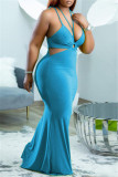 Blaue Mode Sexy Plus Size Solide Ausgehöhltes Rückenfreies Spaghettiträger Langes Kleid
