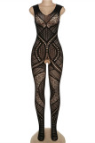 Black Fashion Sexy Solid Patchwork See-through O Neck Skinny Jumpsuits